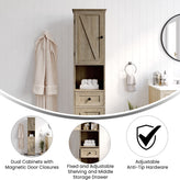 Dune Farmhouse Freestanding Bathroom Linen Tower Storage Cabinet with Magnetic Close Doors, 2 Adjustable Shelves, Open Display Shelf, Drawer in Brown
