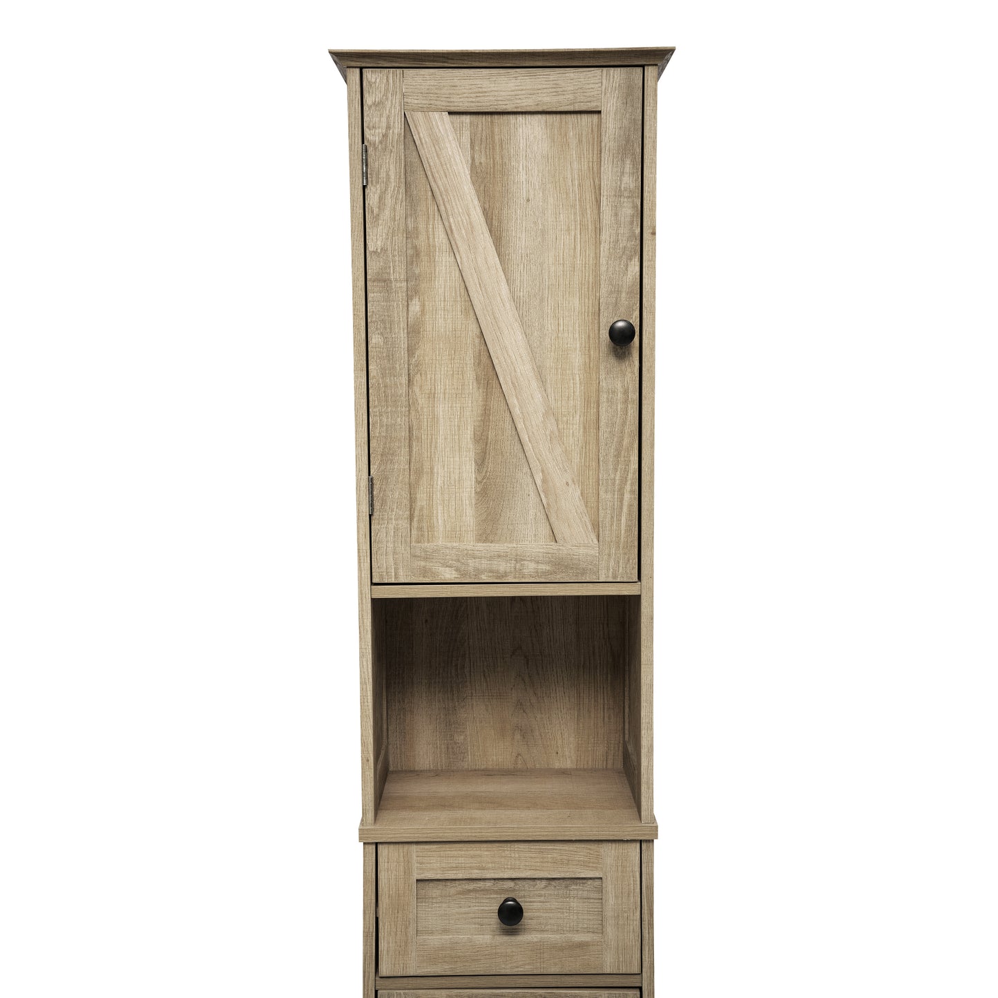 Dune Farmhouse Freestanding Bathroom Linen Tower Storage Cabinet with Magnetic Close Doors, 2 Adjustable Shelves, Open Display Shelf, Drawer in Brown