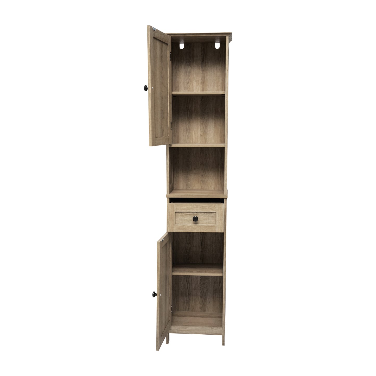 Dune Farmhouse Freestanding Bathroom Linen Tower Storage Cabinet with Magnetic Close Doors, 2 Adjustable Shelves, Open Display Shelf, Drawer in Brown