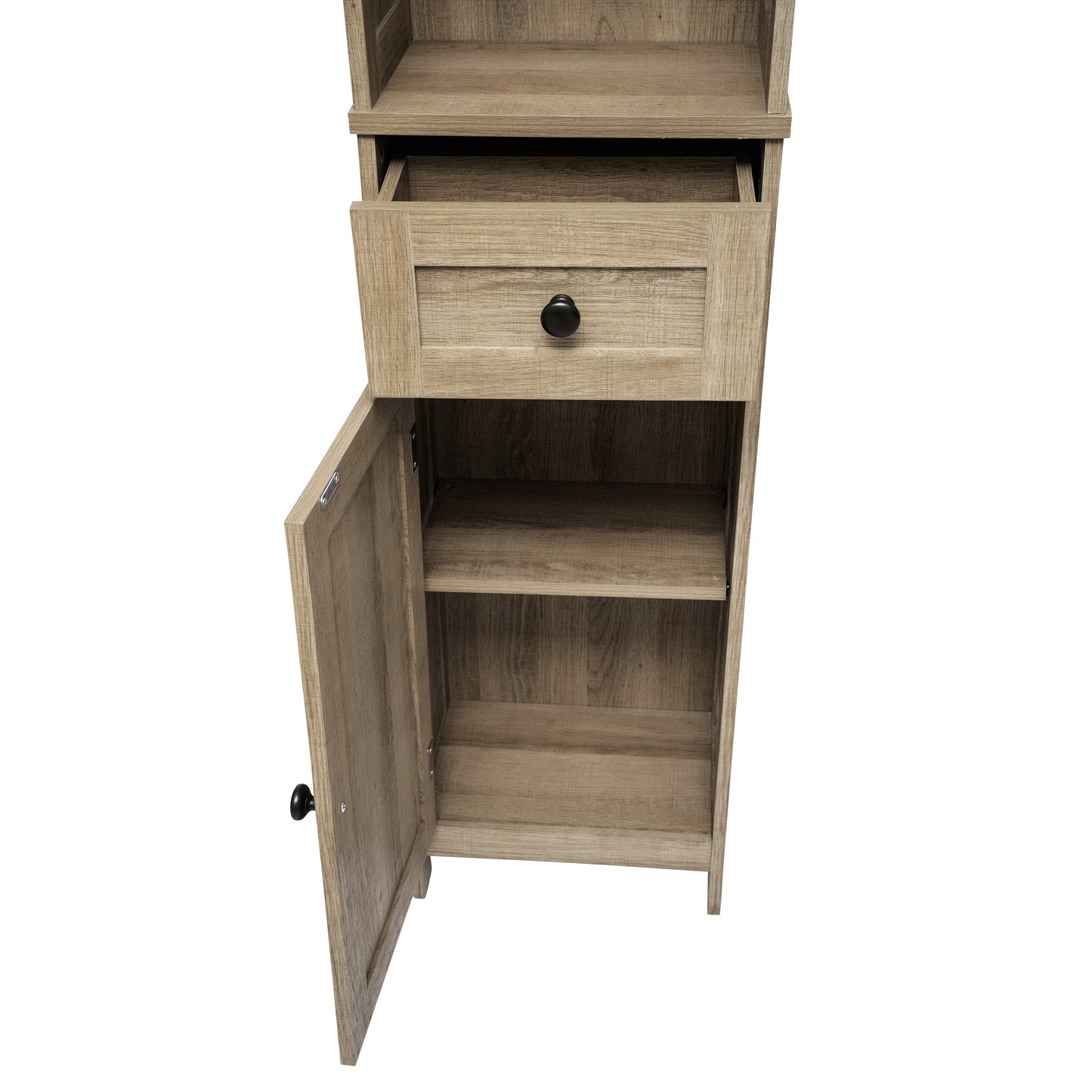 Dune Farmhouse Freestanding Bathroom Linen Tower Storage Cabinet with Magnetic Close Doors, 2 Adjustable Shelves, Open Display Shelf, Drawer in Brown
