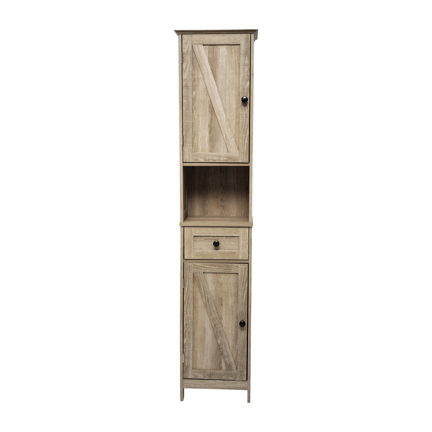Dune Farmhouse Freestanding Bathroom Linen Tower Storage Cabinet with Magnetic Close Doors, 2 Adjustable Shelves, Open Display Shelf, Drawer in Brown