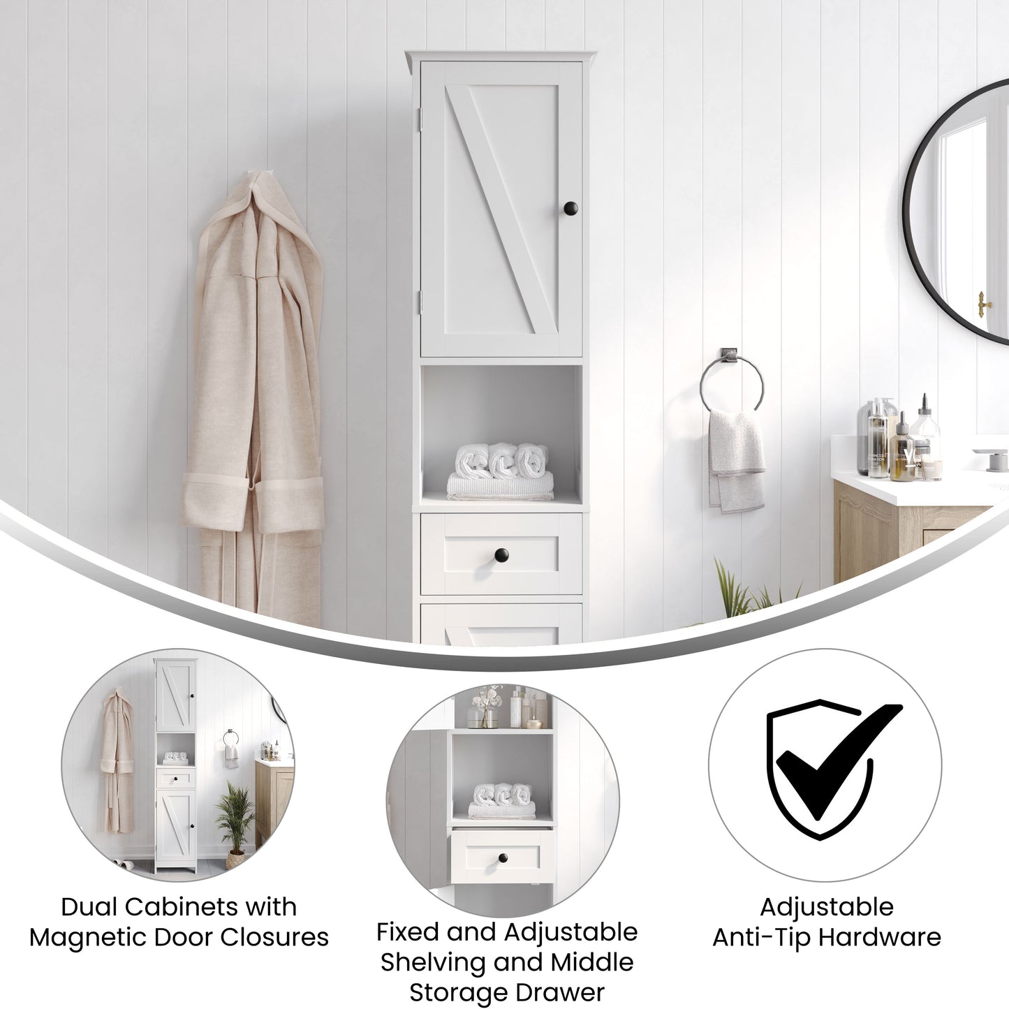 Dune Farmhouse Freestanding Bathroom Linen Tower Storage Cabinet with Magnetic Close Doors, 2 Adjustable Shelves, Open Display Shelf, Drawer in White