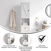 Dune Farmhouse Freestanding Bathroom Linen Tower Storage Cabinet with Magnetic Close Doors, 2 Adjustable Shelves, Open Display Shelf, Drawer in White