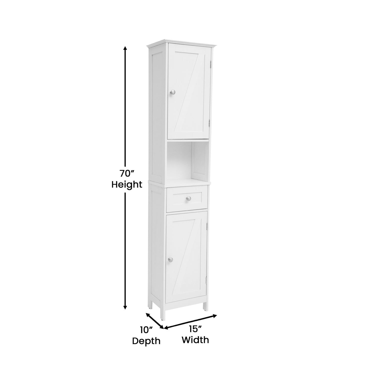 Dune Farmhouse Freestanding Bathroom Linen Tower Storage Cabinet with Magnetic Close Doors, 2 Adjustable Shelves, Open Display Shelf, Drawer in White