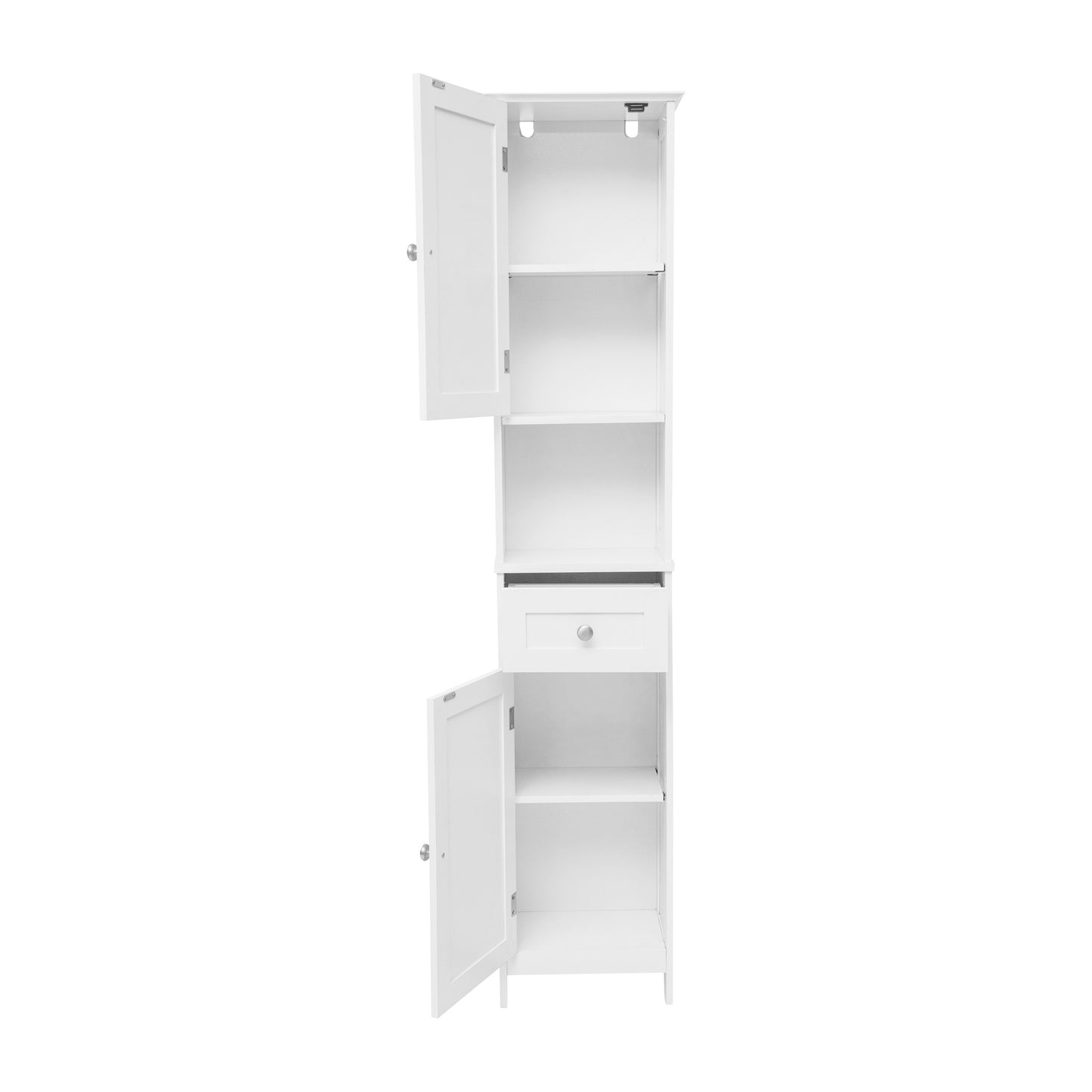 Dune Farmhouse Freestanding Bathroom Linen Tower Storage Cabinet with Magnetic Close Doors, 2 Adjustable Shelves, Open Display Shelf, Drawer in White