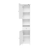 Dune Farmhouse Freestanding Bathroom Linen Tower Storage Cabinet with Magnetic Close Doors, 2 Adjustable Shelves, Open Display Shelf, Drawer in White