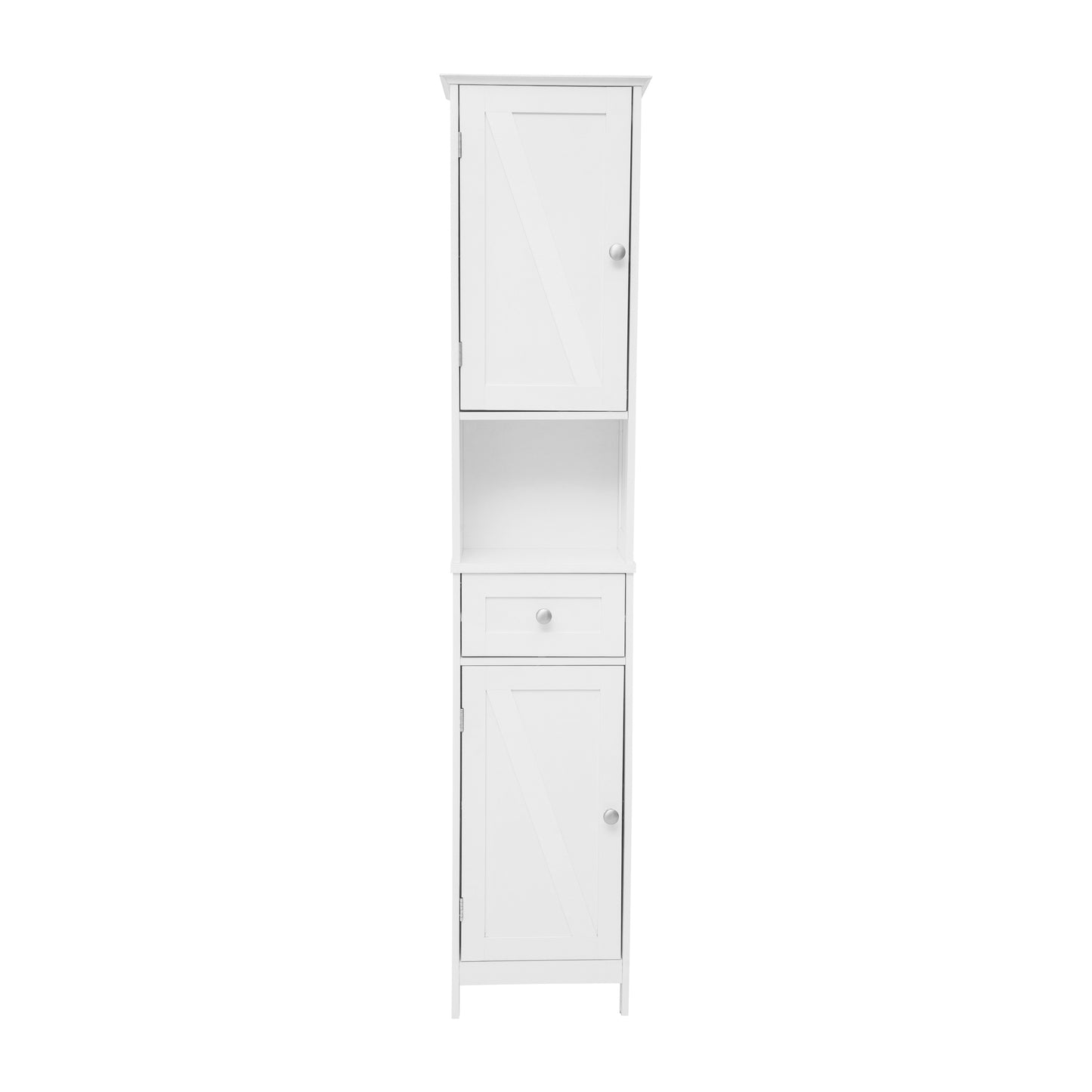 Dune Farmhouse Freestanding Bathroom Linen Tower Storage Cabinet with Magnetic Close Doors, 2 Adjustable Shelves, Open Display Shelf, Drawer in White