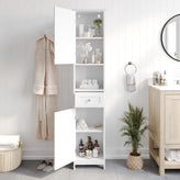 Dune Farmhouse Freestanding Bathroom Linen Tower Storage Cabinet with Magnetic Close Doors, 2 Adjustable Shelves, Open Display Shelf, Drawer in White