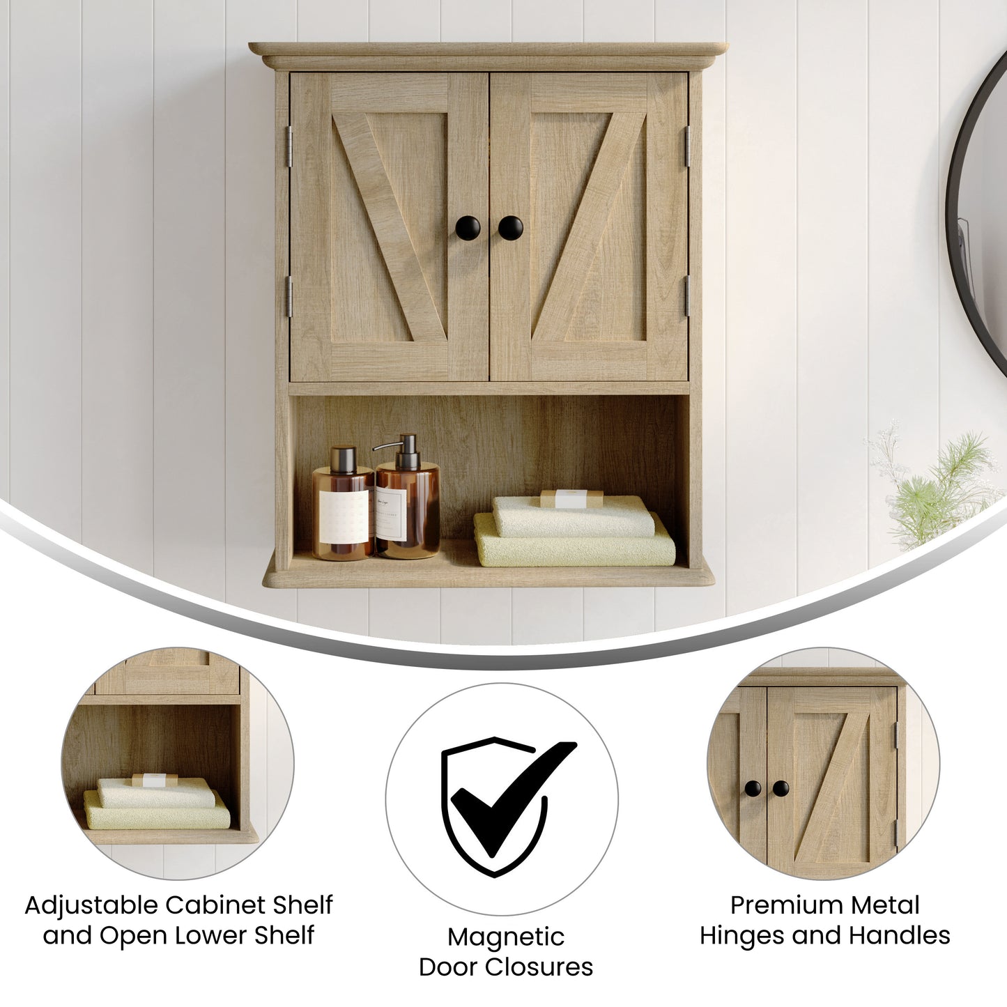Dune Farmhouse Wall Mounted Bathroom Medicine Cabinet Storage Organizer with 2 Magnetic Closure Doors, Adjustable Shelf, and Lower Open Shelf in Brown