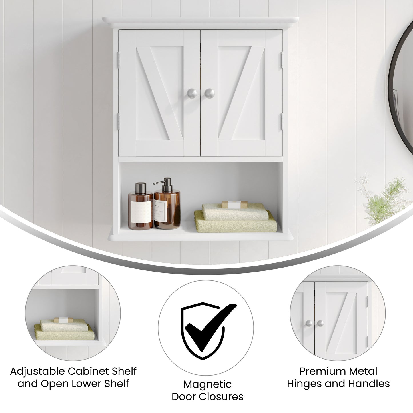 Dune Farmhouse Wall Mounted Bathroom Medicine Cabinet Storage Organizer with 2 Magnetic Closure Doors, Adjustable Shelf, and Lower Open Shelf in White
