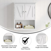 Dune Farmhouse Wall Mounted Bathroom Medicine Cabinet Storage Organizer with 2 Magnetic Closure Doors, Adjustable Shelf, and Lower Open Shelf in White