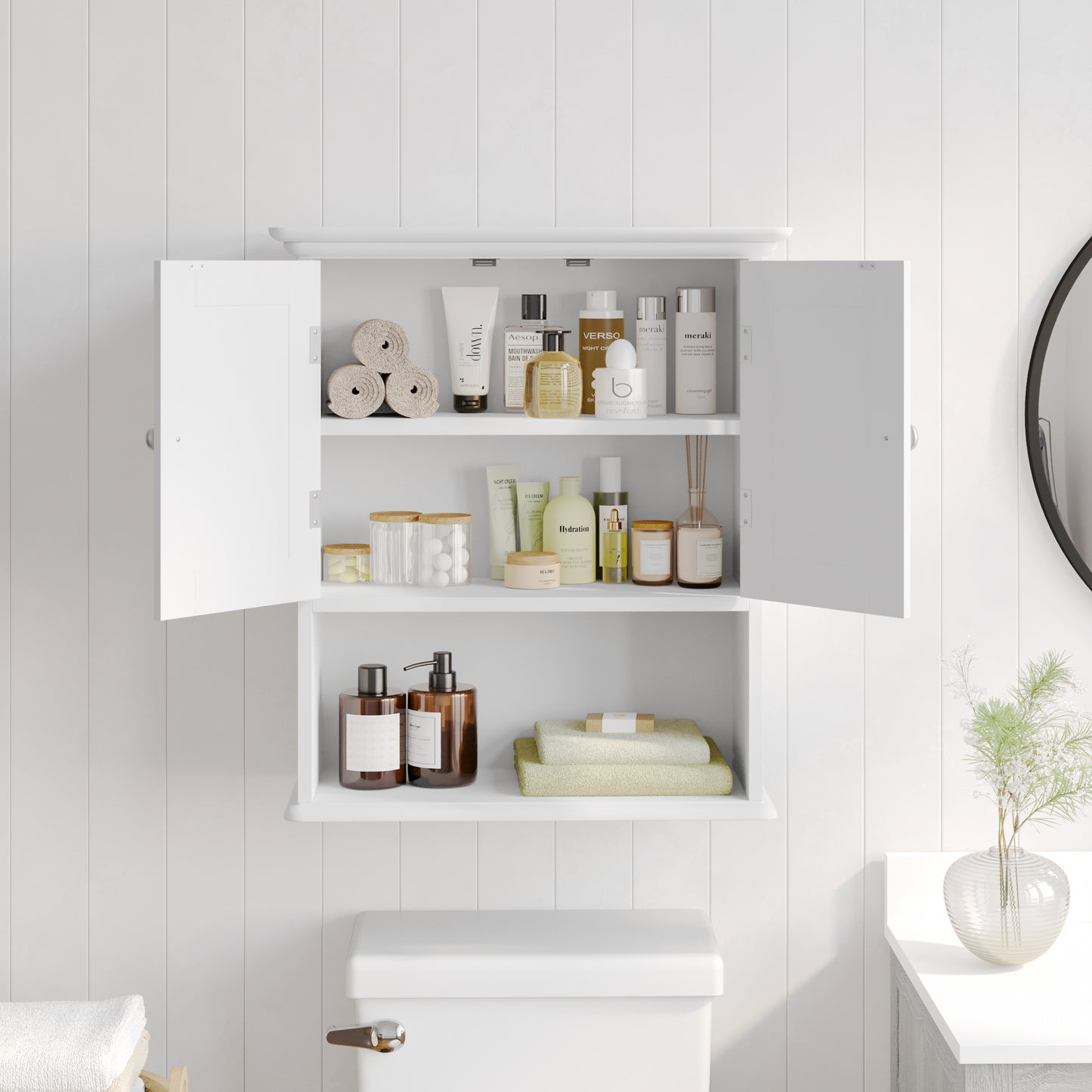 Dune Farmhouse Wall Mounted Bathroom Medicine Cabinet Storage Organizer with 2 Magnetic Closure Doors, Adjustable Shelf, and Lower Open Shelf in White