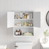 Dune Farmhouse Wall Mounted Bathroom Medicine Cabinet Storage Organizer with 2 Magnetic Closure Doors, Adjustable Shelf, and Lower Open Shelf in White