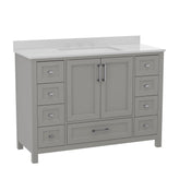 Vega 48 Inch Bathroom Vanity with Sink, Storage Cabinet with Soft Close Doors, and 9 Drawers, Carrara Marble Finish Countertop, Gray