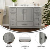 Vega 48 Inch Bathroom Vanity with Sink, Storage Cabinet with Soft Close Doors, and 9 Drawers, Carrara Marble Finish Countertop, Gray