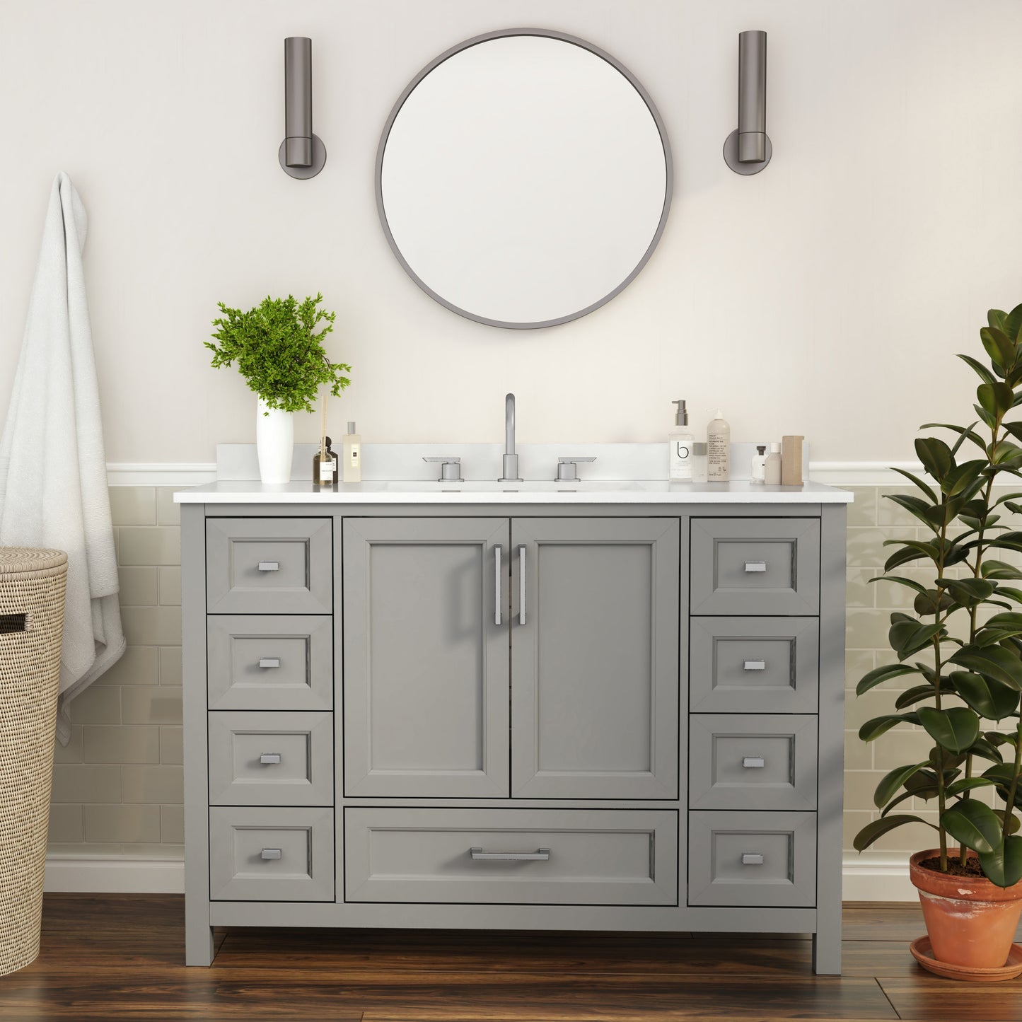 Vega 48 Inch Bathroom Vanity with Sink, Storage Cabinet with Soft Close Doors, and 9 Drawers, Carrara Marble Finish Countertop, Gray