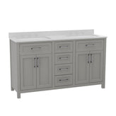 Vega 60 Inch Bathroom Double Vanity with 2 Sinks, 2 Storage Cabinets with Soft Close Doors and 6 Drawers, Carrara Marble Finish Countertop, Gray