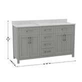 Vega 60 Inch Bathroom Double Vanity with 2 Sinks, 2 Storage Cabinets with Soft Close Doors and 6 Drawers, Carrara Marble Finish Countertop, Gray
