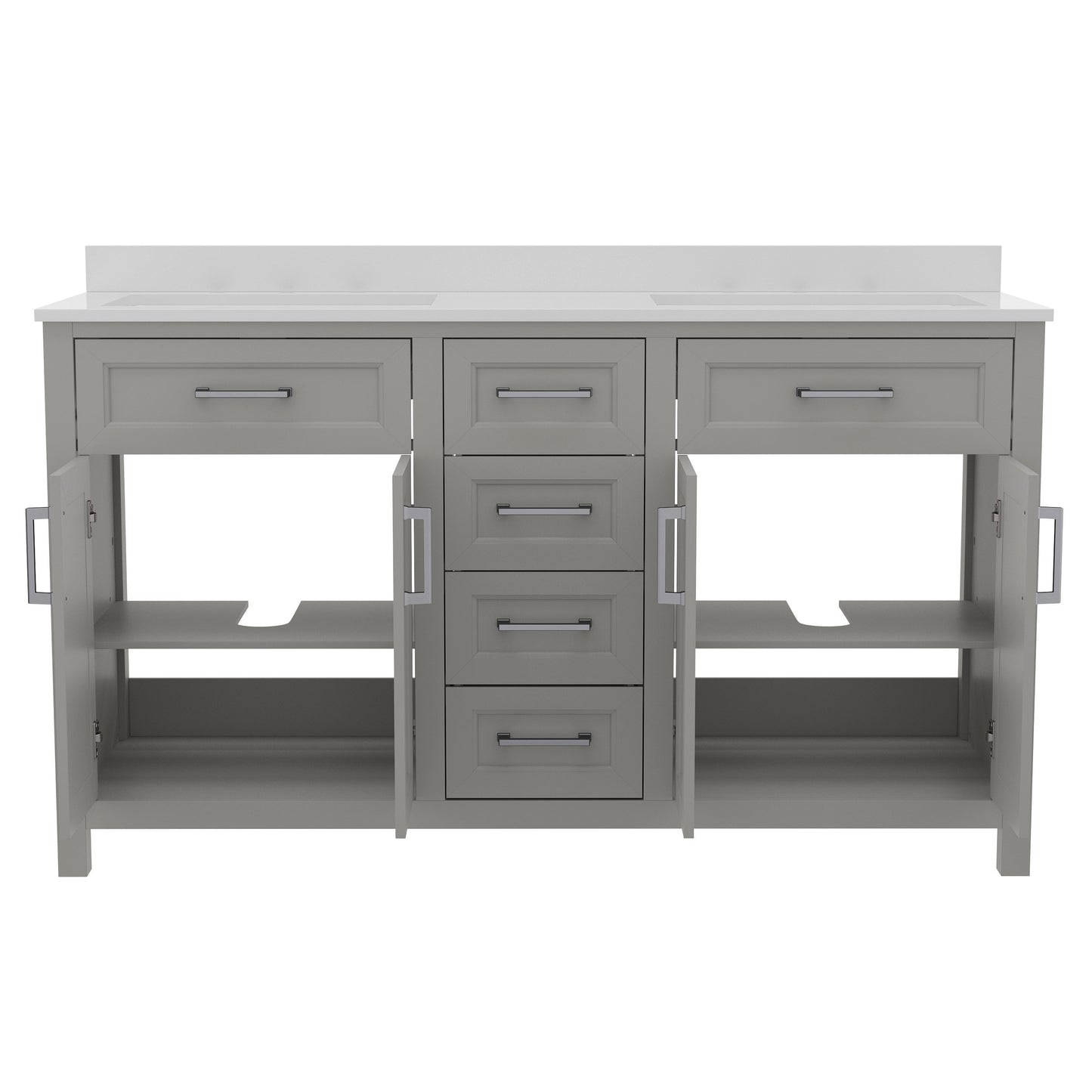 Vega 60 Inch Bathroom Double Vanity with 2 Sinks, 2 Storage Cabinets with Soft Close Doors and 6 Drawers, Carrara Marble Finish Countertop, Gray