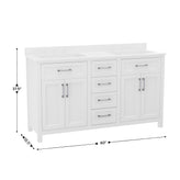 Vega 60 Inch Bathroom Double Vanity with 2 Sinks, 2 Storage Cabinets with Soft Close Doors and 6 Drawers, Carrara Marble Finish Countertop, White