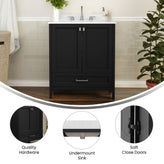 Haven 30 Inch Bathroom Vanity with Sink, Storage Cabinet with Soft Close Doors and Bottom Drawer, Carrara Marble Finish Countertop, Black