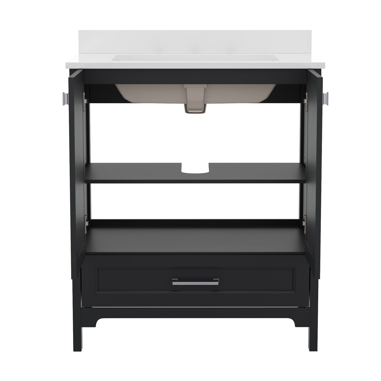 Haven 30 Inch Bathroom Vanity with Sink, Storage Cabinet with Soft Close Doors and Bottom Drawer, Carrara Marble Finish Countertop, Black