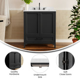 Haven 30" Bathroom Vanity with Sink, Storage Cabinet with Black Hardware, Soft Close Doors and Bottom Drawer, Carrara Marble Finish Countertop, Black
