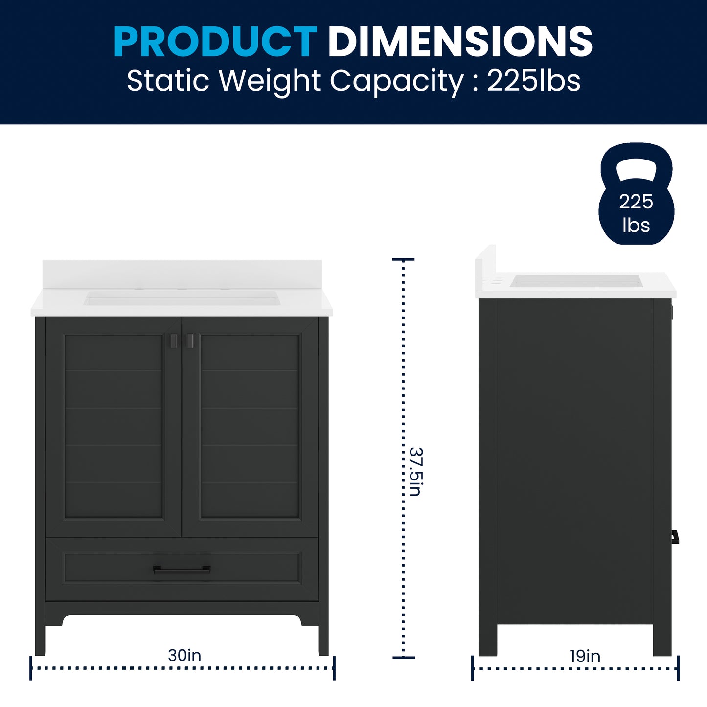 Haven 30" Bathroom Vanity with Sink, Storage Cabinet with Black Hardware, Soft Close Doors and Bottom Drawer, Carrara Marble Finish Countertop, Black