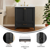 Haven 30" Bathroom Vanity with Sink, Storage Cabinet with Gold Hardware, Soft Close Doors and Bottom Drawer, Carrara Marble Finish Countertop, Black