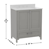 Haven 30 Inch Bathroom Vanity with Sink, Storage Cabinet with Soft Close Doors and Bottom Drawer, Carrara Marble Finish Countertop, Gray
