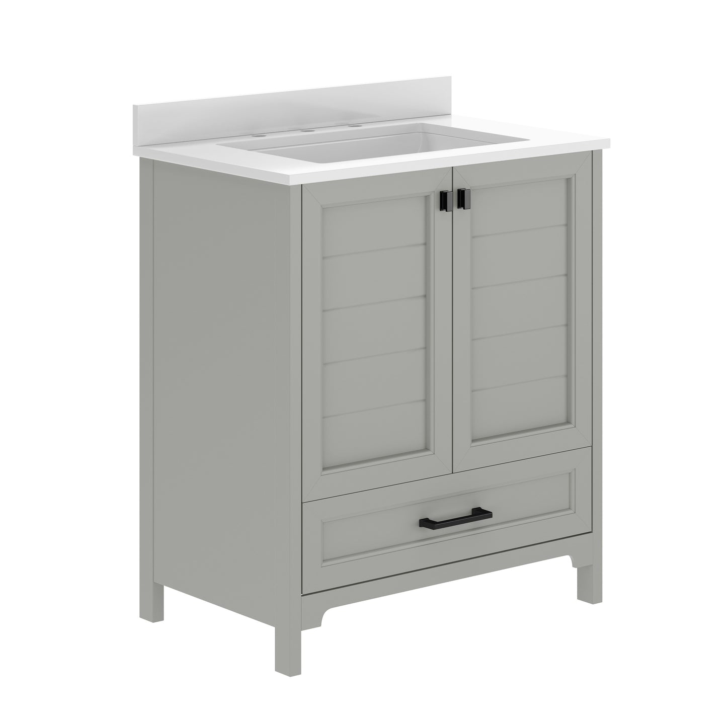 Haven 30" Bathroom Vanity with Sink, Storage Cabinet with Black Hardware, Soft Close Doors and Bottom Drawer, Carrara Marble Finish Countertop, Gray
