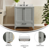 Haven 30" Bathroom Vanity with Sink, Storage Cabinet with Black Hardware, Soft Close Doors and Bottom Drawer, Carrara Marble Finish Countertop, Gray