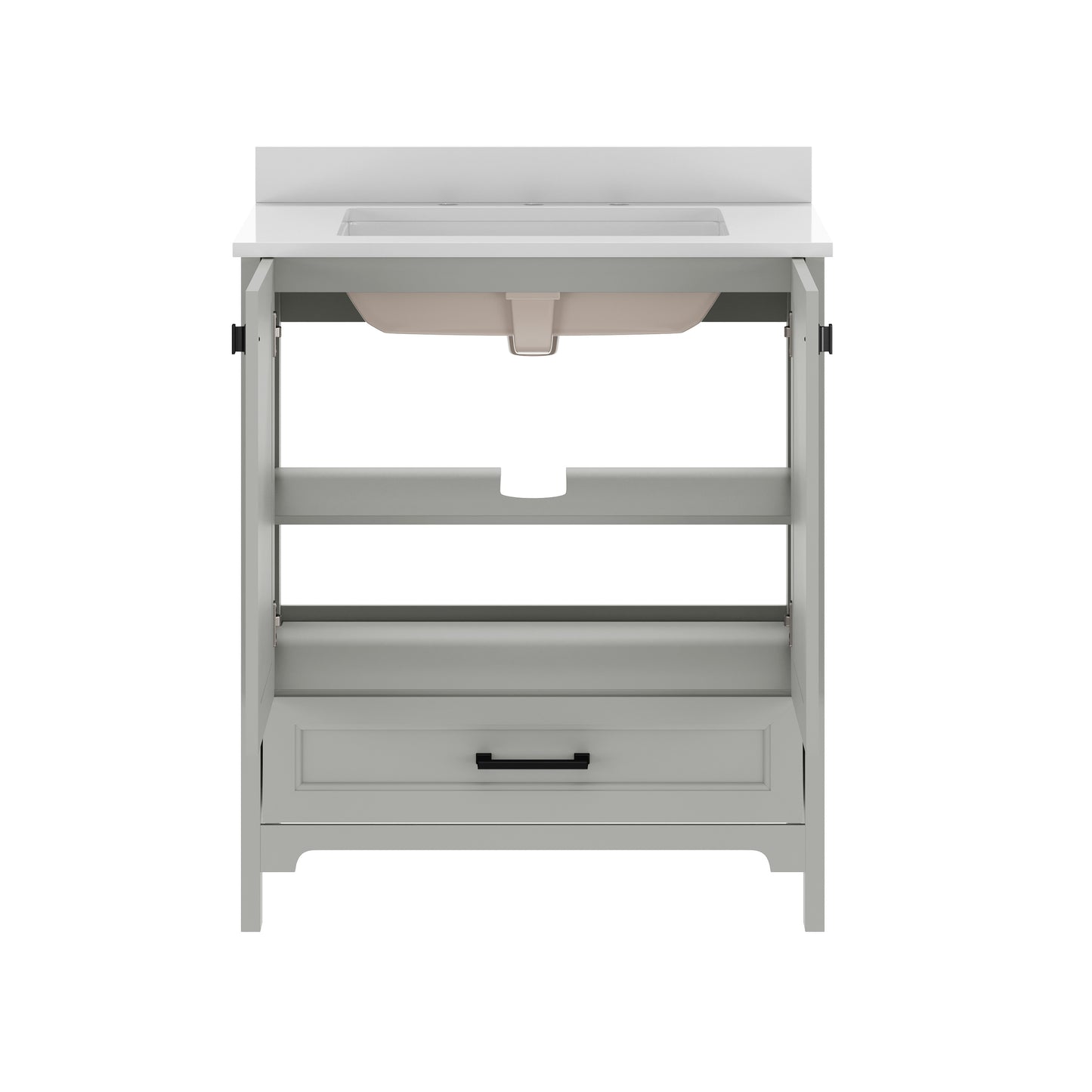 Haven 30" Bathroom Vanity with Sink, Storage Cabinet with Black Hardware, Soft Close Doors and Bottom Drawer, Carrara Marble Finish Countertop, Gray