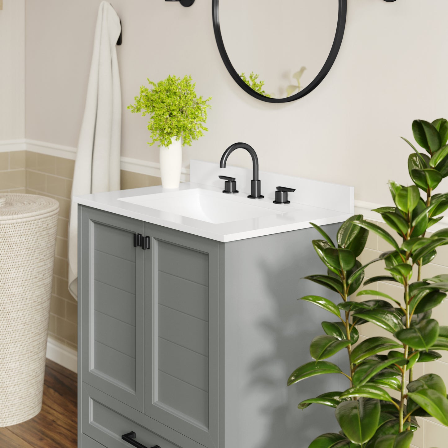 Haven 30" Bathroom Vanity with Sink, Storage Cabinet with Black Hardware, Soft Close Doors and Bottom Drawer, Carrara Marble Finish Countertop, Gray