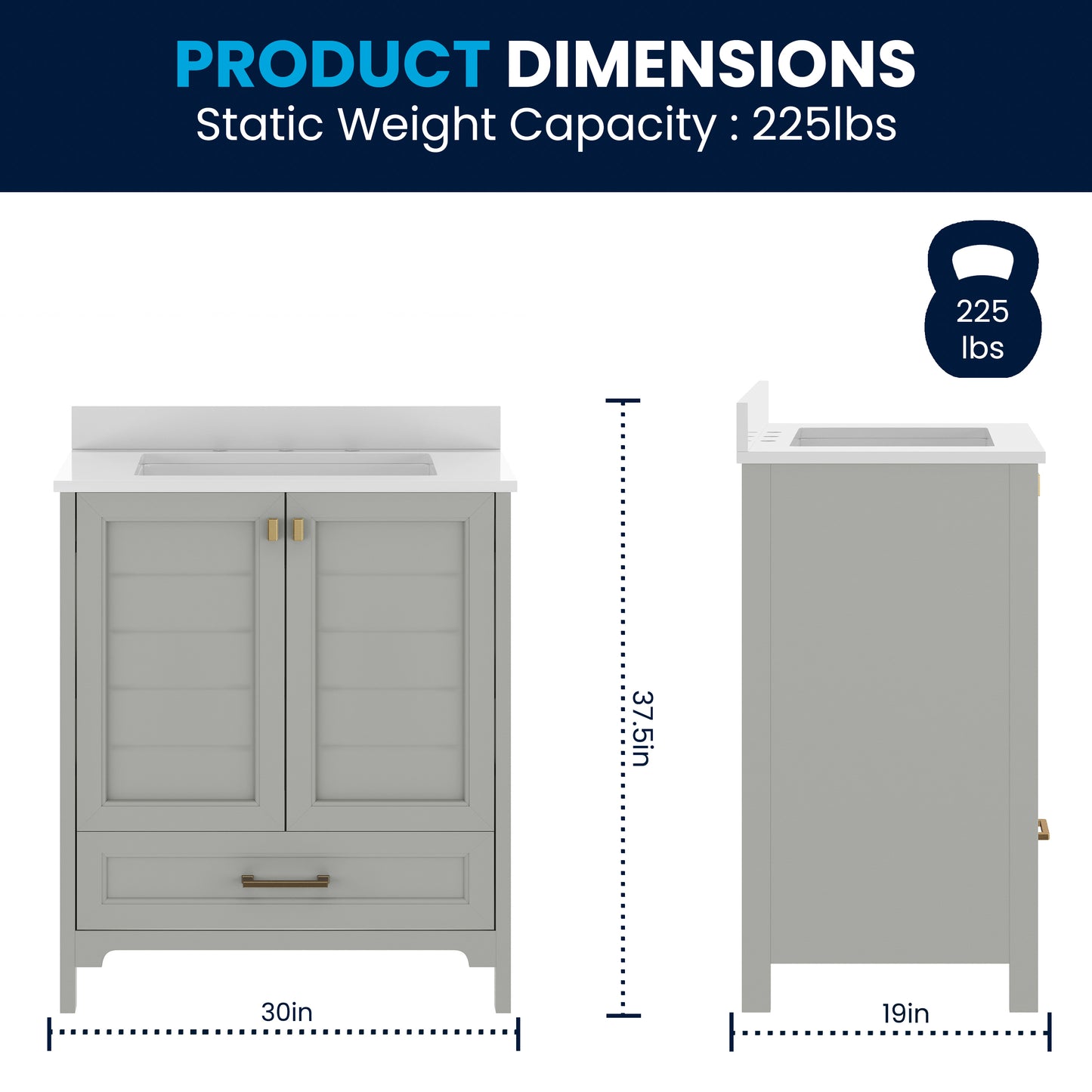 Haven 30" Bathroom Vanity with Sink, Storage Cabinet with Gold Hardware, Soft Close Doors and Bottom Drawer, Carrara Marble Finish Countertop, Gray