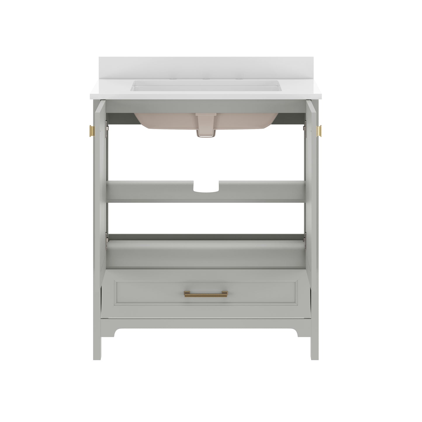 Haven 30" Bathroom Vanity with Sink, Storage Cabinet with Gold Hardware, Soft Close Doors and Bottom Drawer, Carrara Marble Finish Countertop, Gray