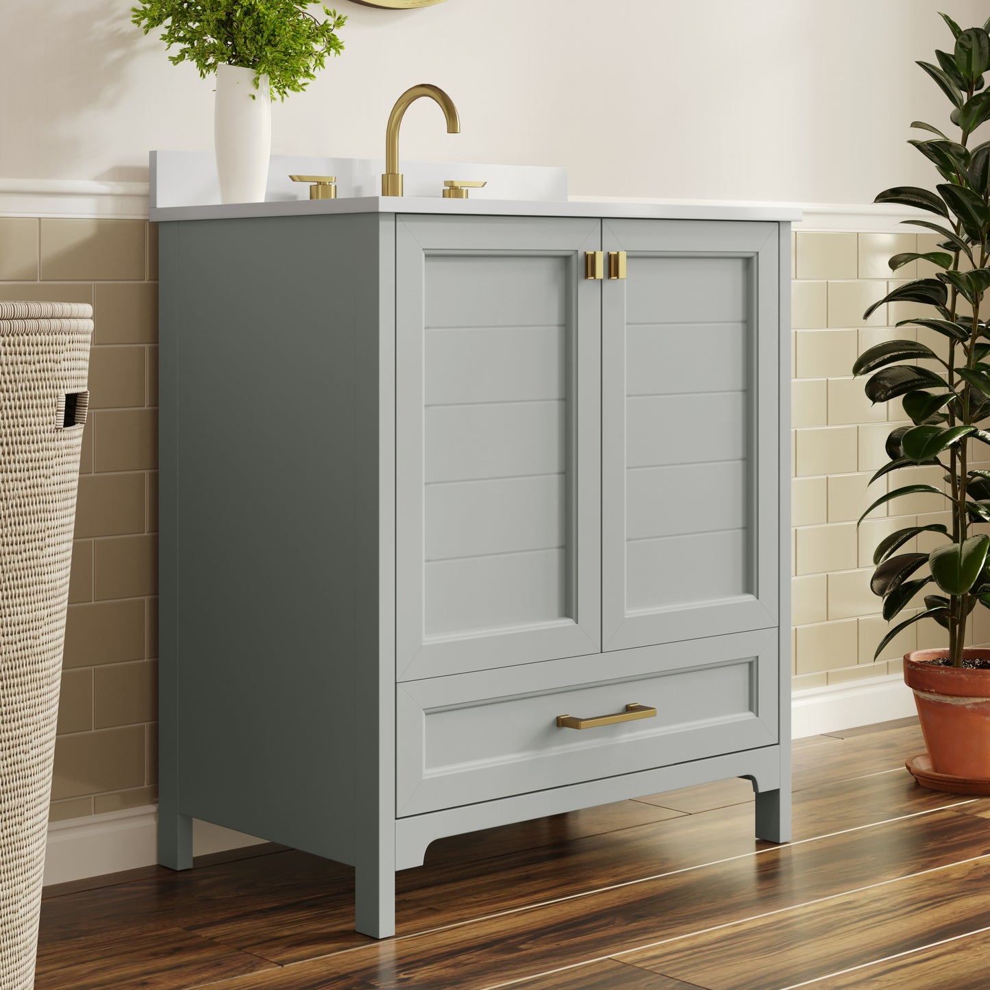 Haven 30" Bathroom Vanity with Sink, Storage Cabinet with Gold Hardware, Soft Close Doors and Bottom Drawer, Carrara Marble Finish Countertop, Gray