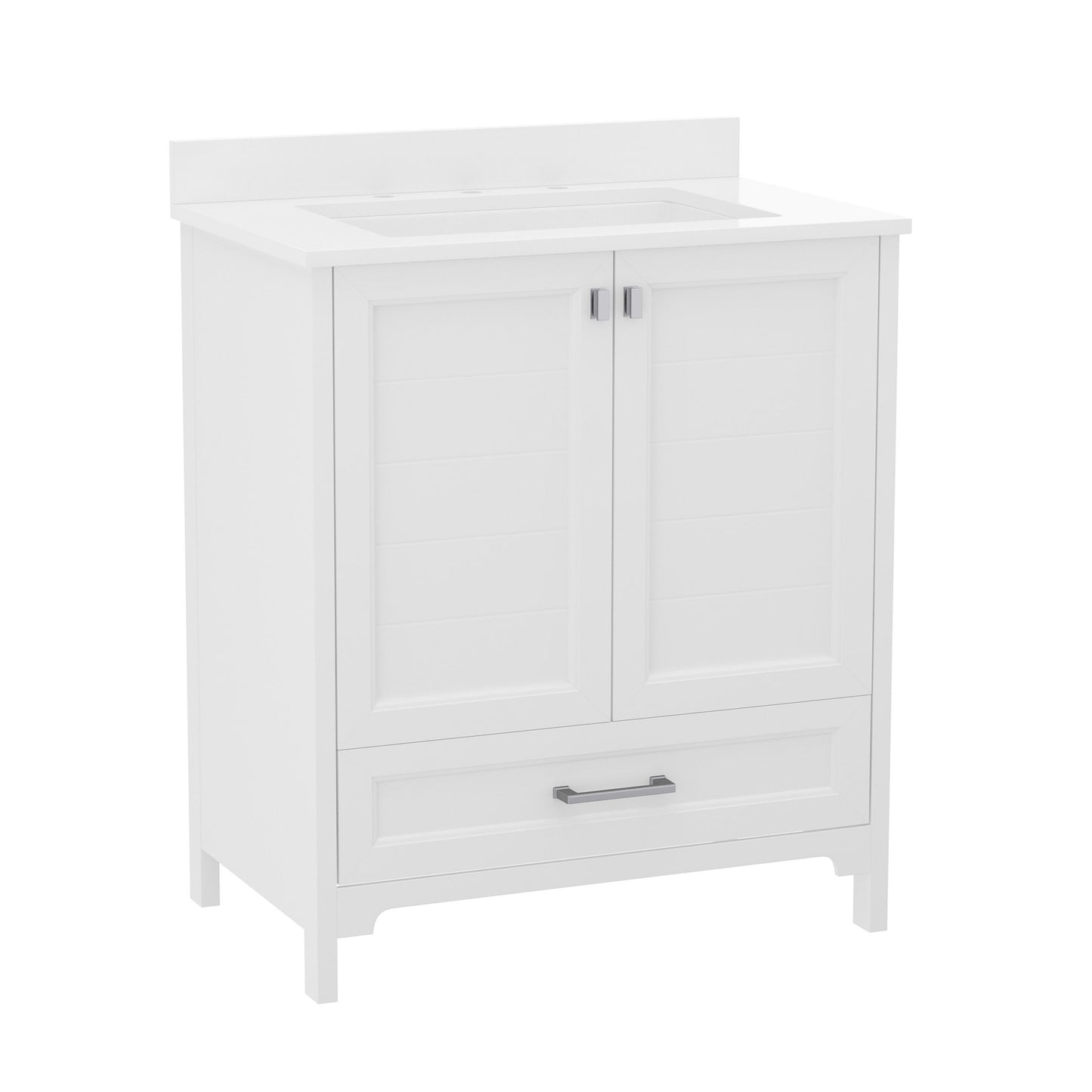 Haven 30 Inch Bathroom Vanity with Sink, Storage Cabinet with Soft Close Doors and Bottom Drawer, Carrara Marble Finish Countertop, White