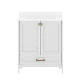 Haven 30" Bathroom Vanity with Sink, Storage Cabinet with Black Hardware, Soft Close Doors and Bottom Drawer, Carrara Marble Finish Countertop, White