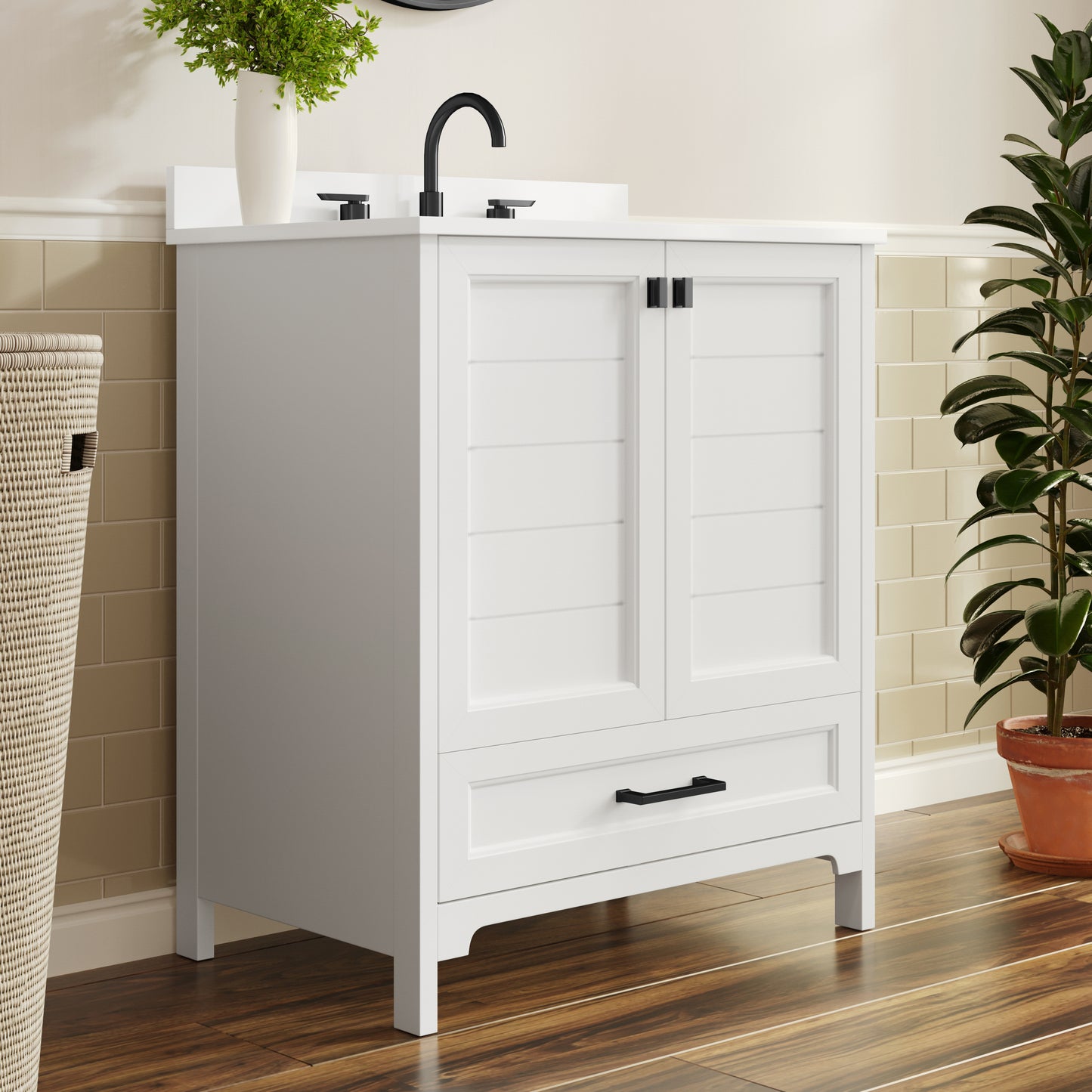 Haven 30" Bathroom Vanity with Sink, Storage Cabinet with Black Hardware, Soft Close Doors and Bottom Drawer, Carrara Marble Finish Countertop, White