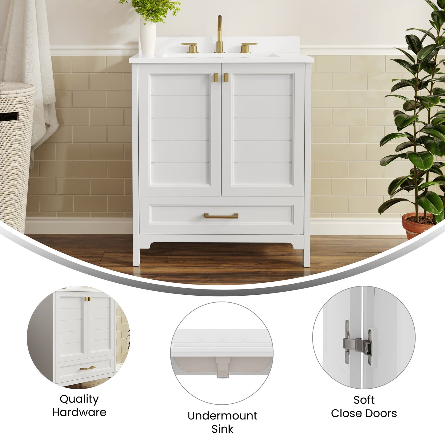 Haven 30" Bathroom Vanity with Sink, Storage Cabinet with Gold Hardware, Soft Close Doors and Bottom Drawer, Carrara Marble Finish Countertop, White