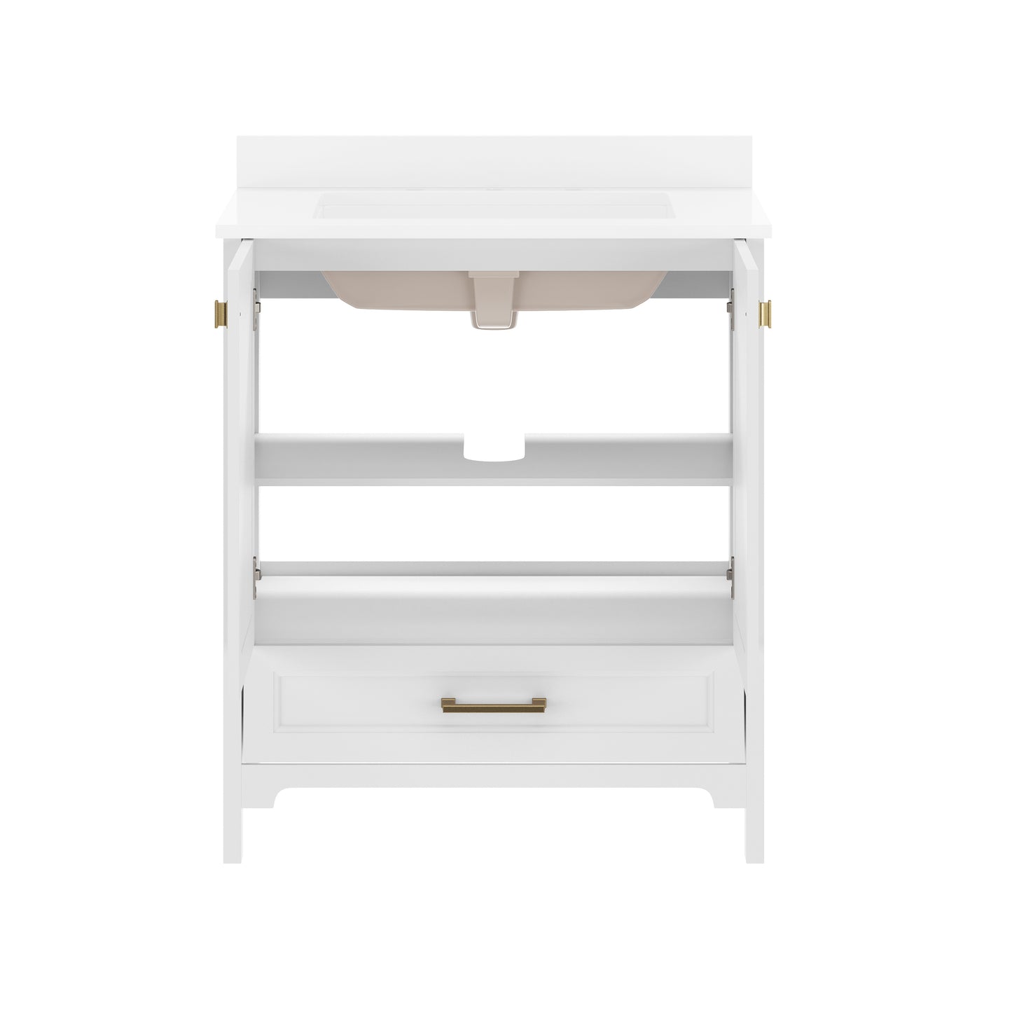 Haven 30" Bathroom Vanity with Sink, Storage Cabinet with Gold Hardware, Soft Close Doors and Bottom Drawer, Carrara Marble Finish Countertop, White