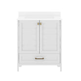 Haven 30" Bathroom Vanity with Sink, Storage Cabinet with Gold Hardware, Soft Close Doors and Bottom Drawer, Carrara Marble Finish Countertop, White