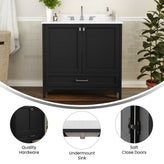 Haven 36 Inch Bathroom Vanity with Sink, Storage Cabinet with Soft Close Doors and Bottom Drawer, Carrara Marble Finish Countertop, Black
