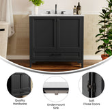 Haven 36" Bathroom Vanity with Sink, Storage Cabinet with Black Hardware, Soft Close Doors and Bottom Drawer, Carrara Marble Finish Countertop, Black