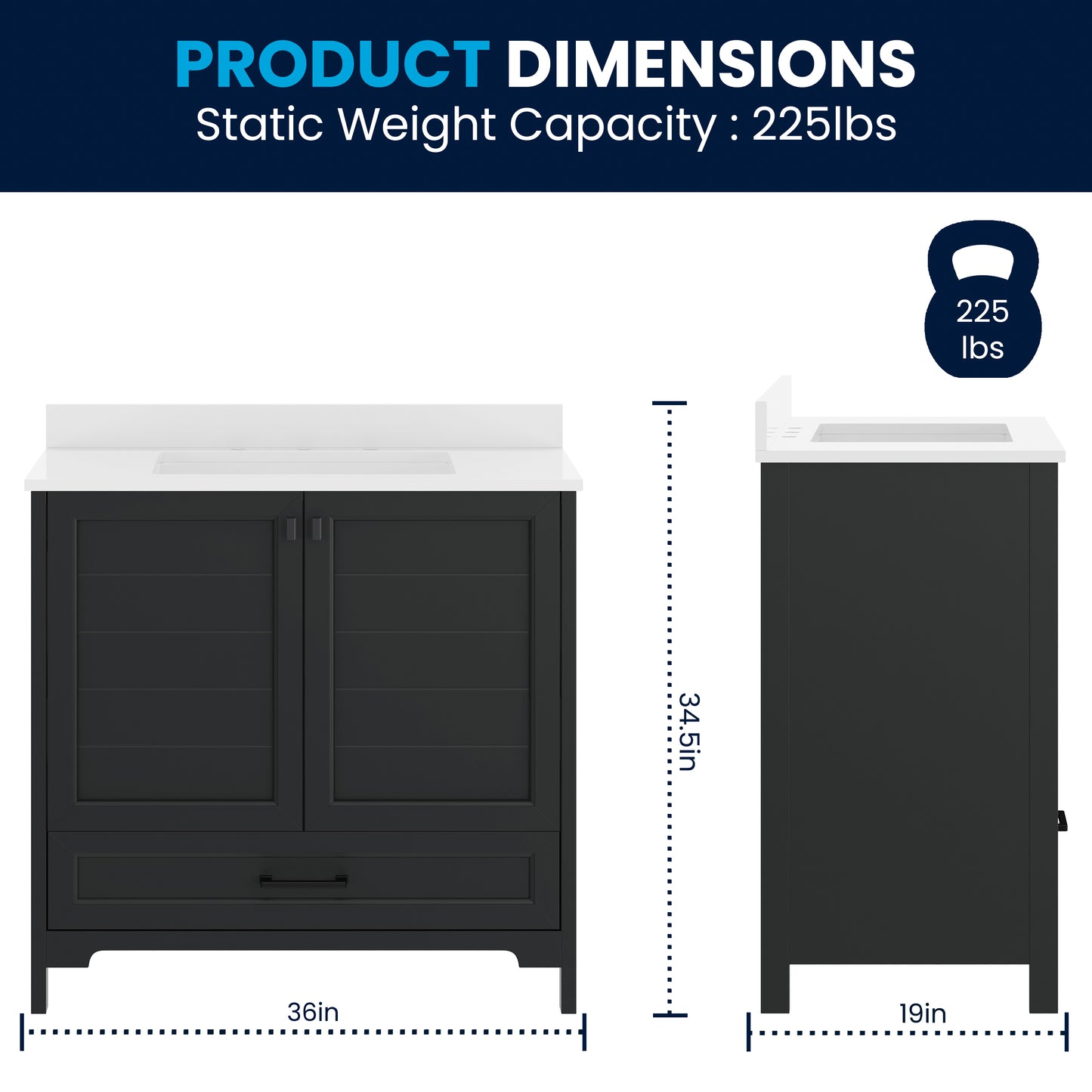 Haven 36" Bathroom Vanity with Sink, Storage Cabinet with Black Hardware, Soft Close Doors and Bottom Drawer, Carrara Marble Finish Countertop, Black