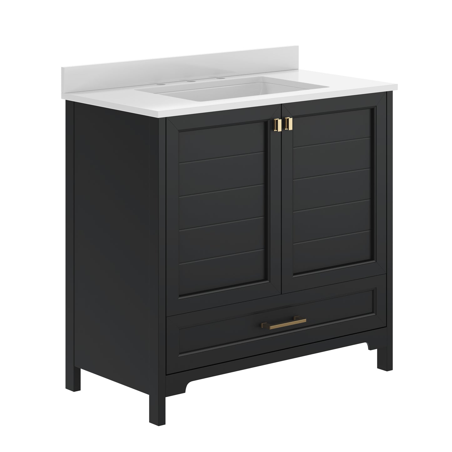 Haven 36" Bathroom Vanity with Sink, Storage Cabinet with Gold Hardware, Soft Close Doors and Bottom Drawer, Carrara Marble Finish Countertop, Black