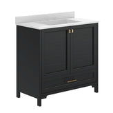 Haven 36" Bathroom Vanity with Sink, Storage Cabinet with Gold Hardware, Soft Close Doors and Bottom Drawer, Carrara Marble Finish Countertop, Black