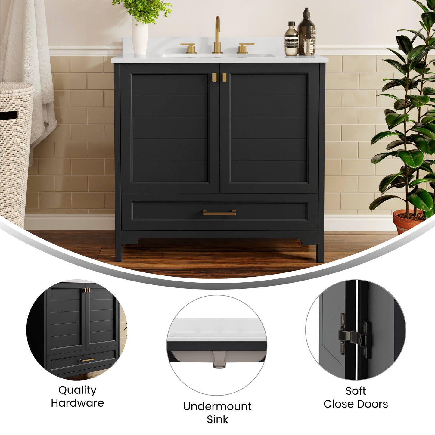 Haven 36" Bathroom Vanity with Sink, Storage Cabinet with Gold Hardware, Soft Close Doors and Bottom Drawer, Carrara Marble Finish Countertop, Black