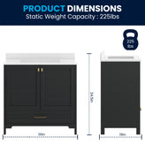 Haven 36" Bathroom Vanity with Sink, Storage Cabinet with Gold Hardware, Soft Close Doors and Bottom Drawer, Carrara Marble Finish Countertop, Black